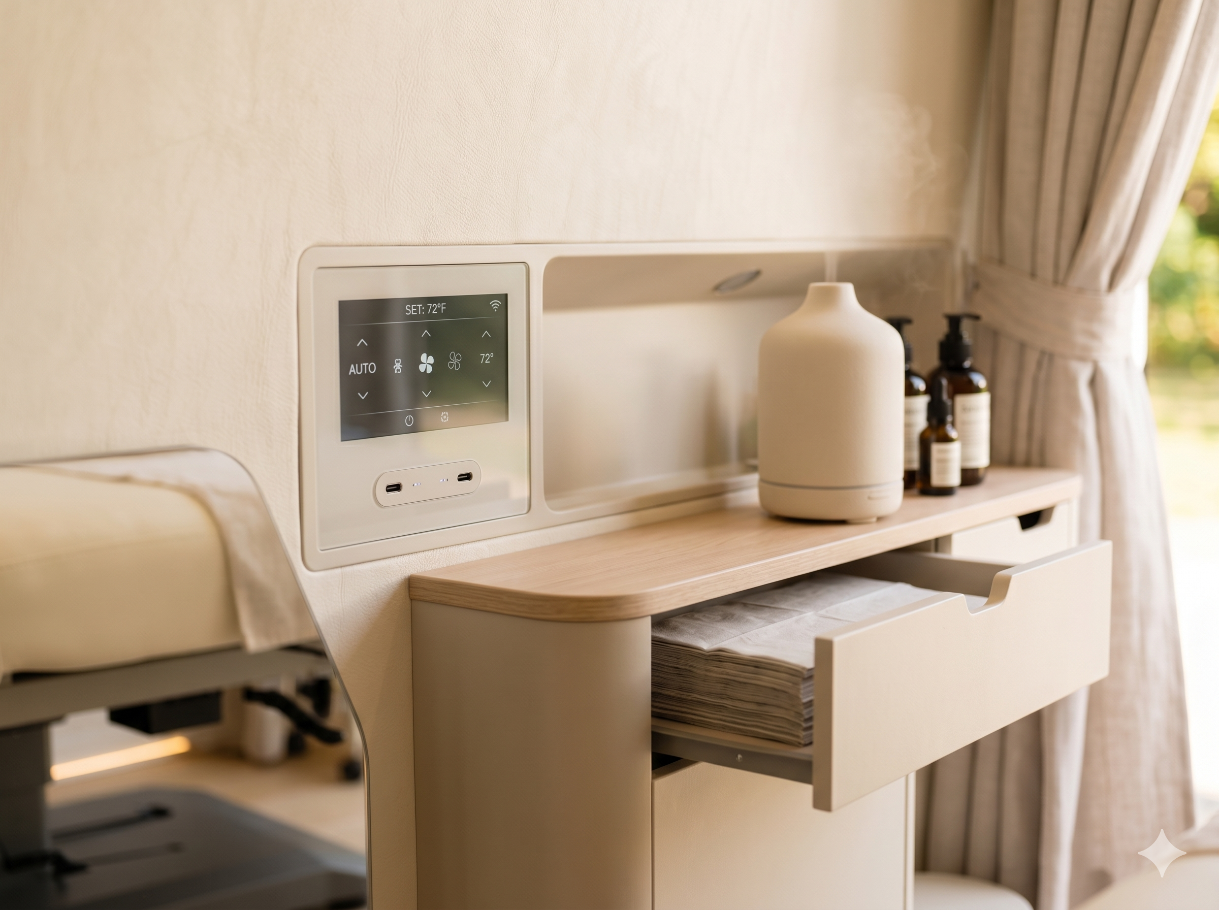 Climate control touchscreen, USB-C charging and hidden amenity drawer inside the pod